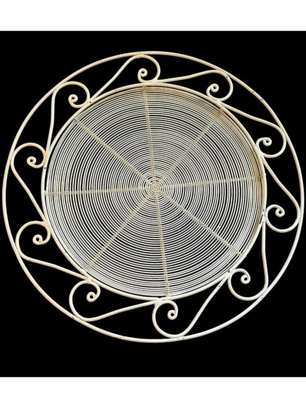 Vintage White Painted Wrapped Wire 13" Round Platter Charger Scroll Garden Boho